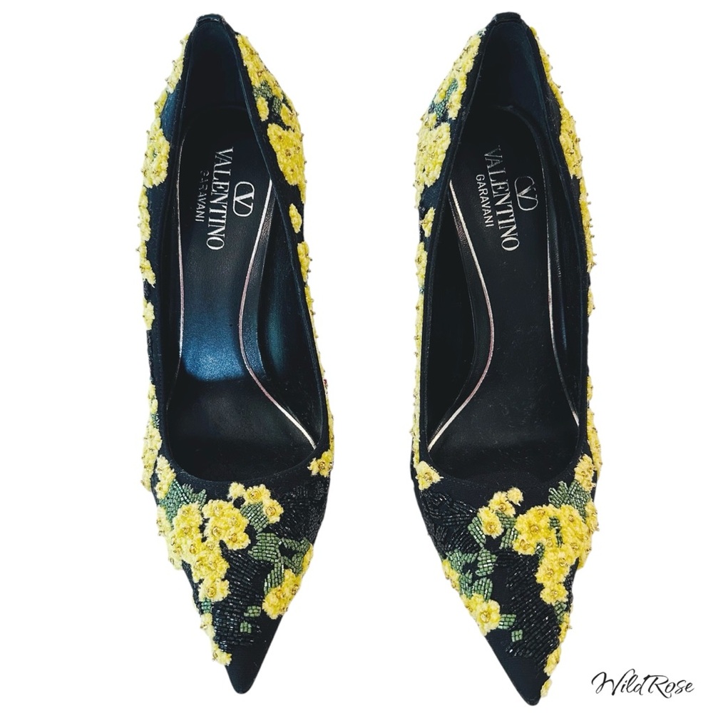 VALENTINO GARAVANI Floral Yellow Green Black Beaded & Embroidered Heels SZ 37 - Picture 3 of 17